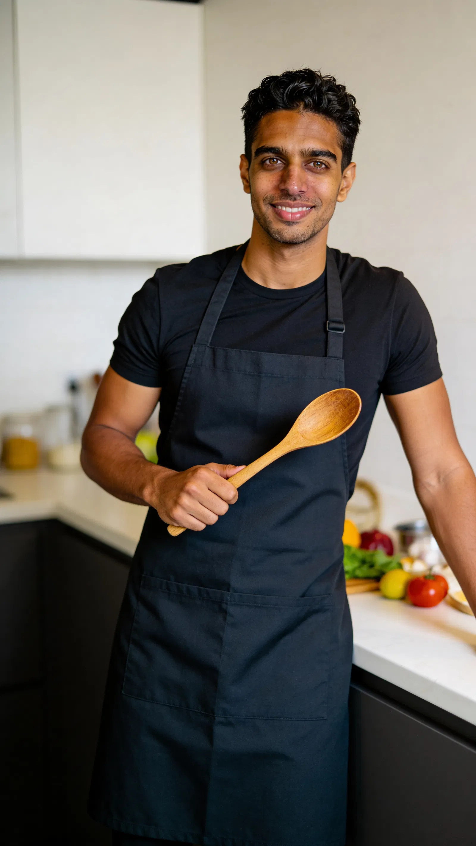 Same character in kitchen creator scene for weekly content batching