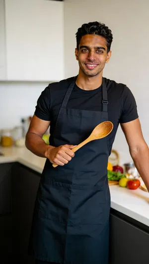 Same character in kitchen creator scene for weekly content batching