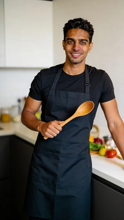 Same character in kitchen creator scene for weekly content batching