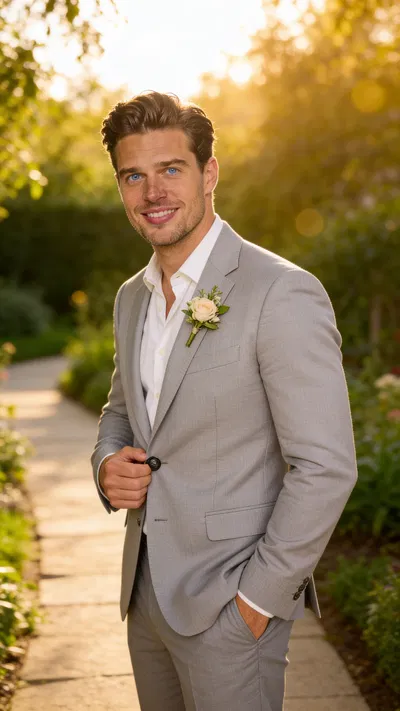 Same character in light gray suit on garden path at golden hour