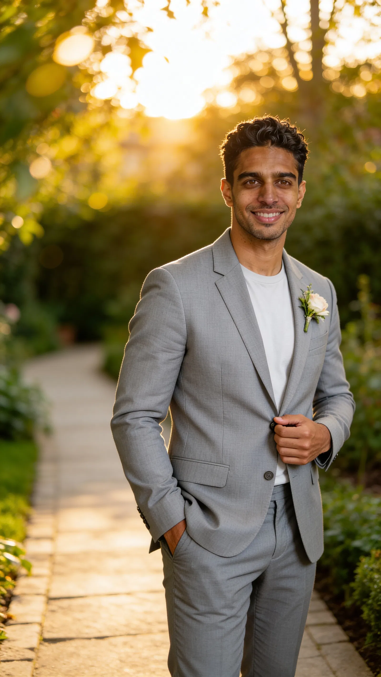Same character in light gray suit on garden path at golden hour