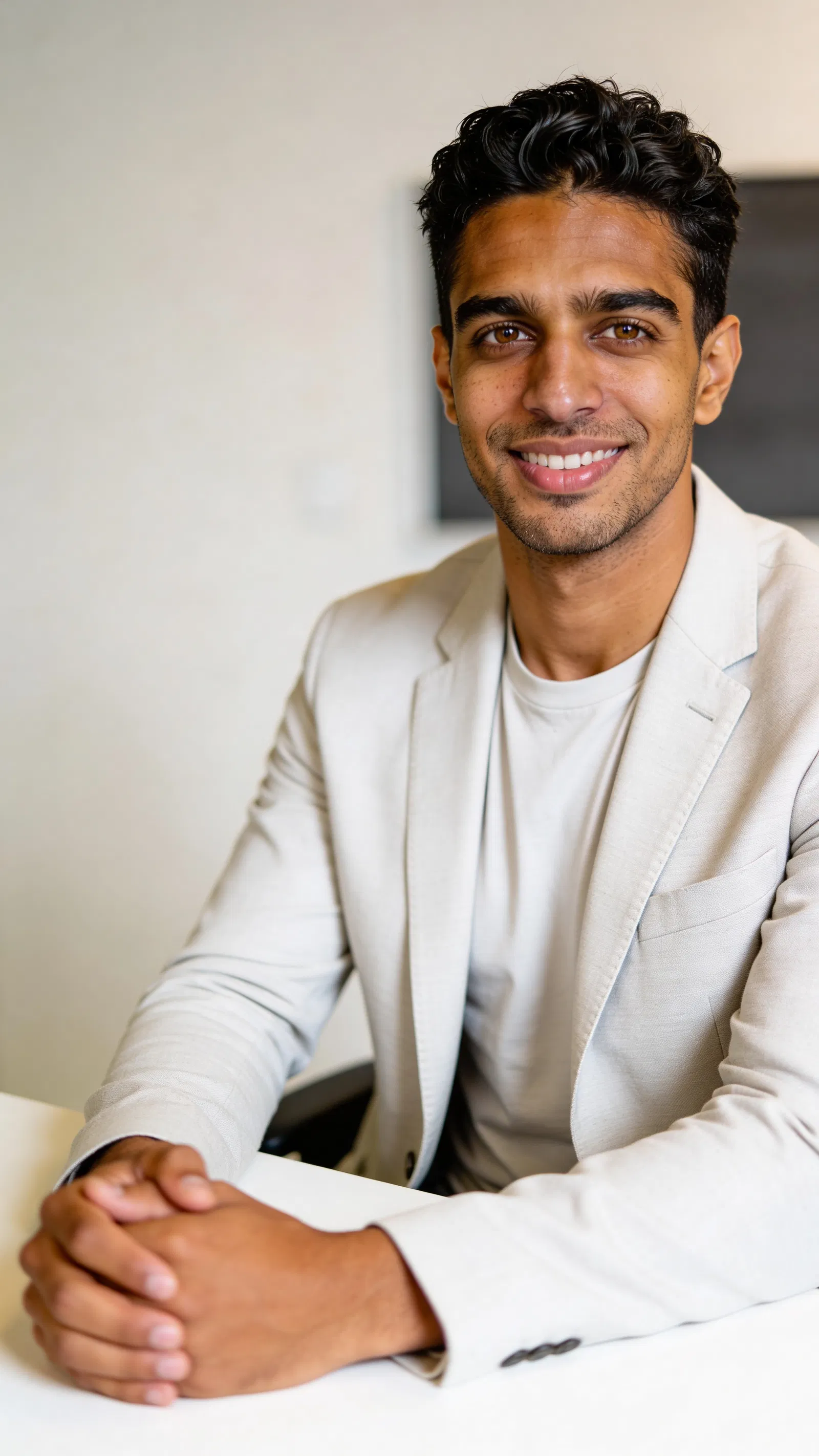 Same character in meeting room, friendly team-page headshot look