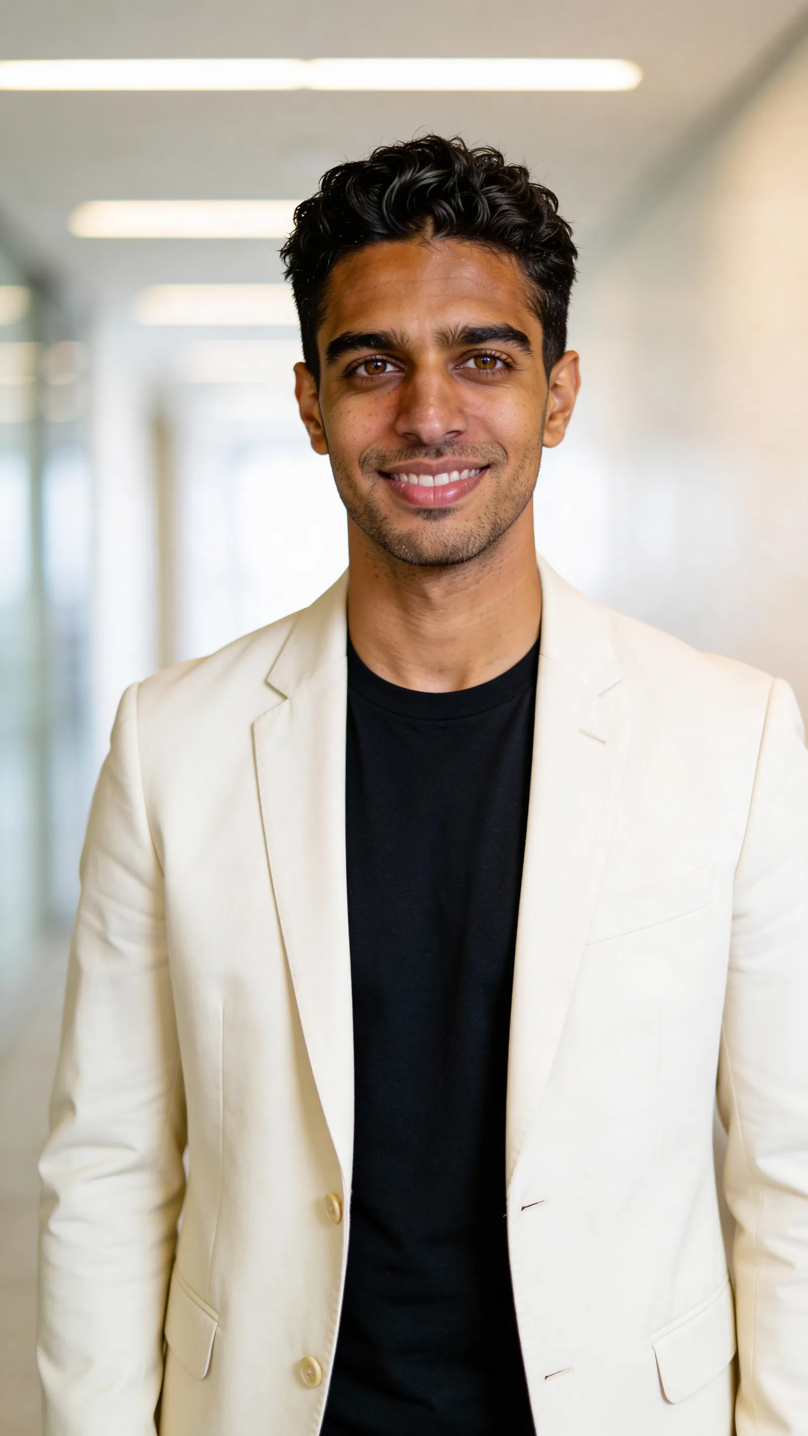 Same character in minimalist hallway with cream blazer and clean CV crop