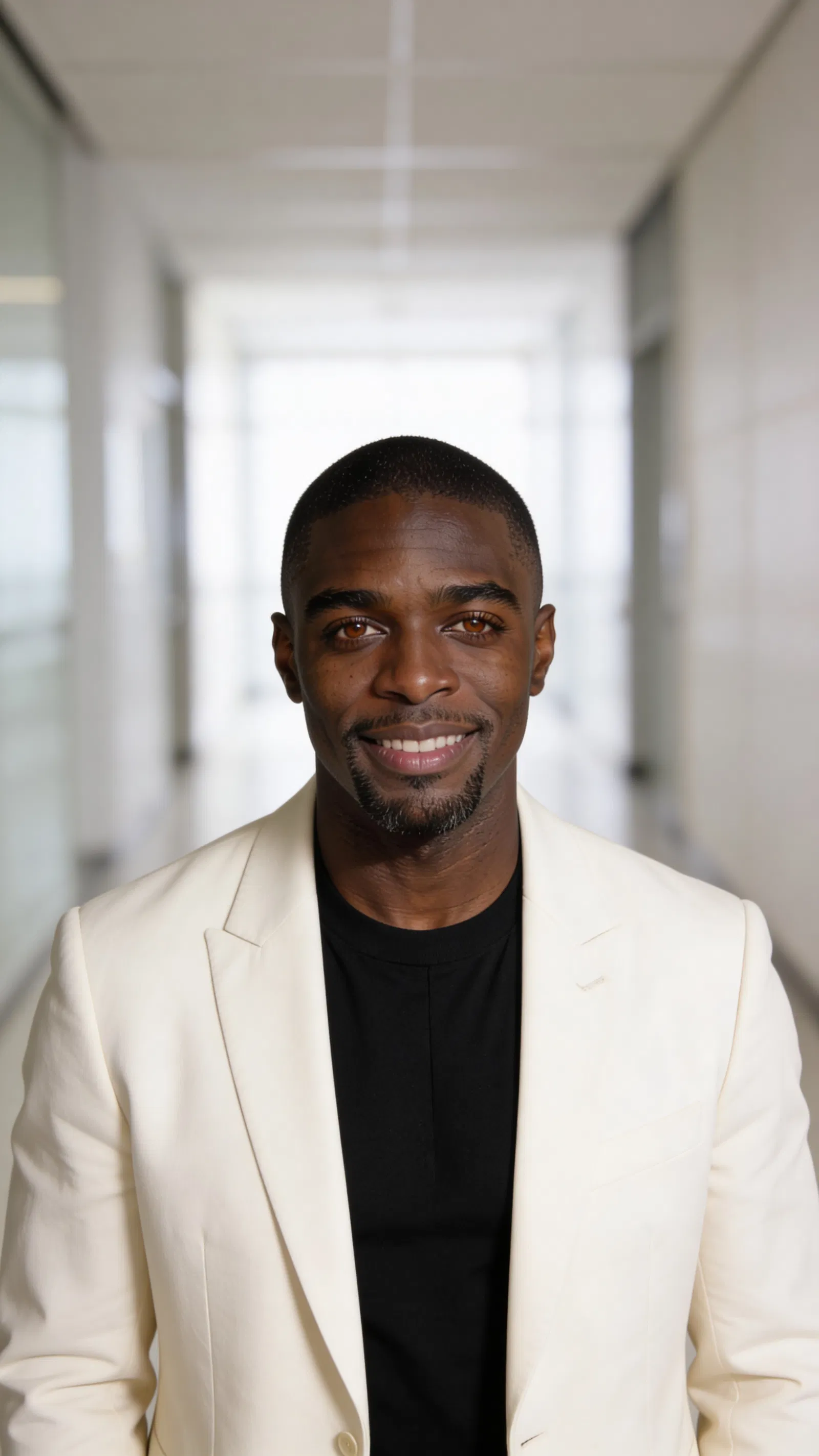 Same character in minimalist hallway with cream blazer and clean CV crop