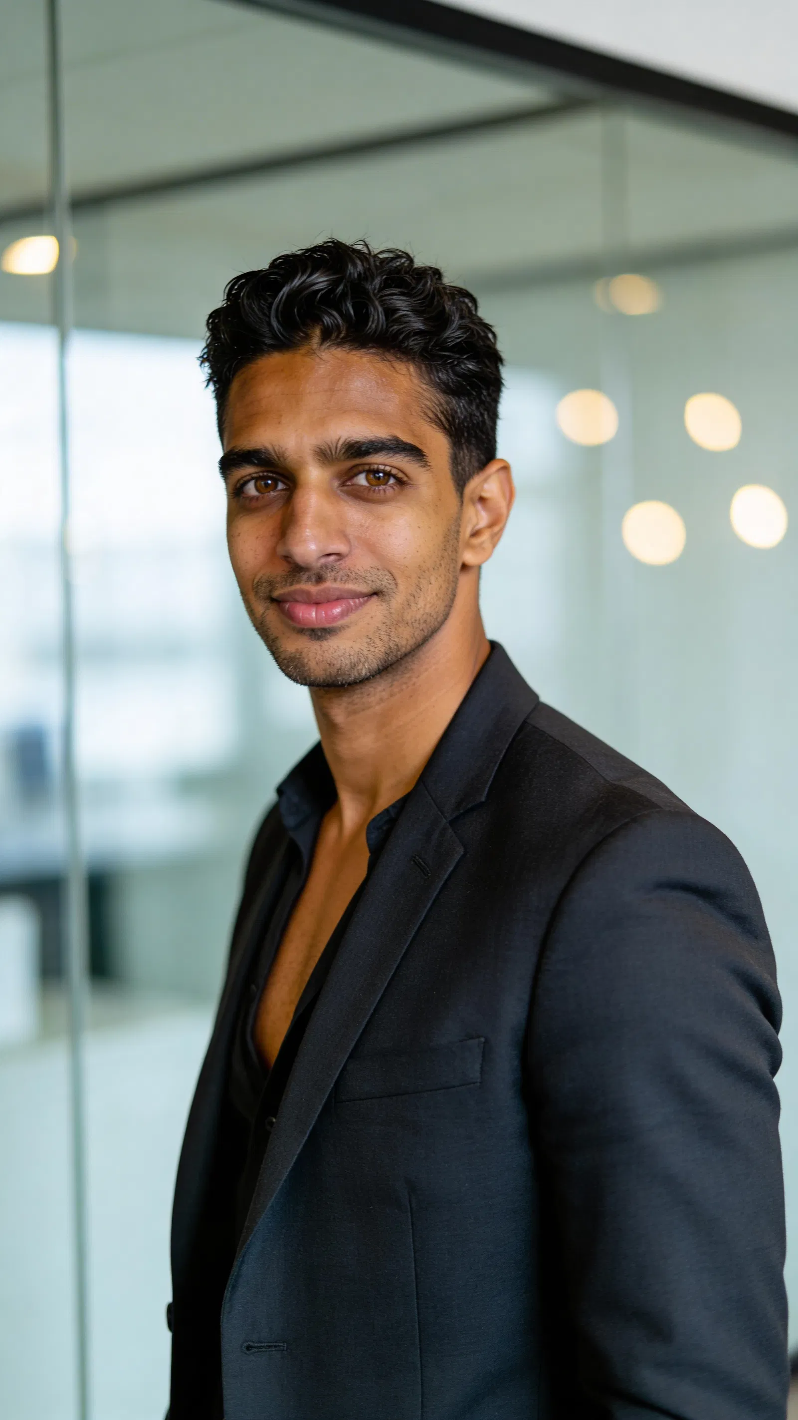 Same character in modern office half-body corporate portrait