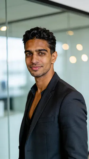 Same character in modern office half-body corporate portrait