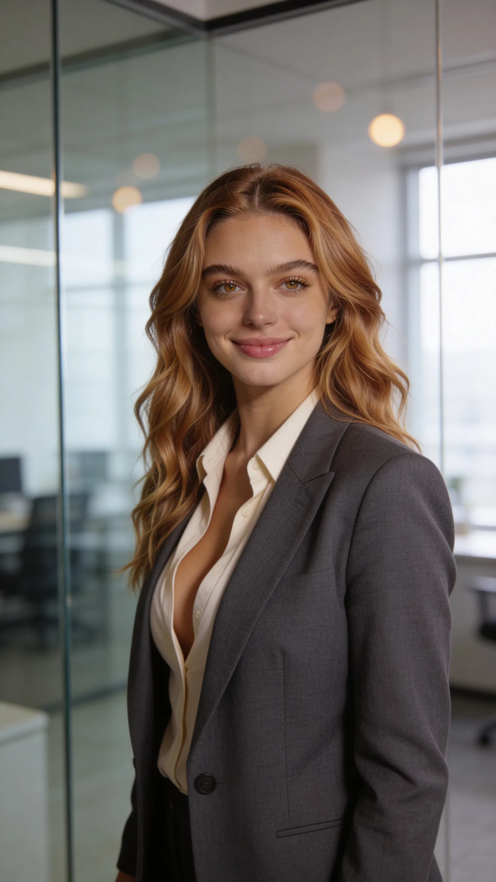 Same character in modern office half-body corporate portrait