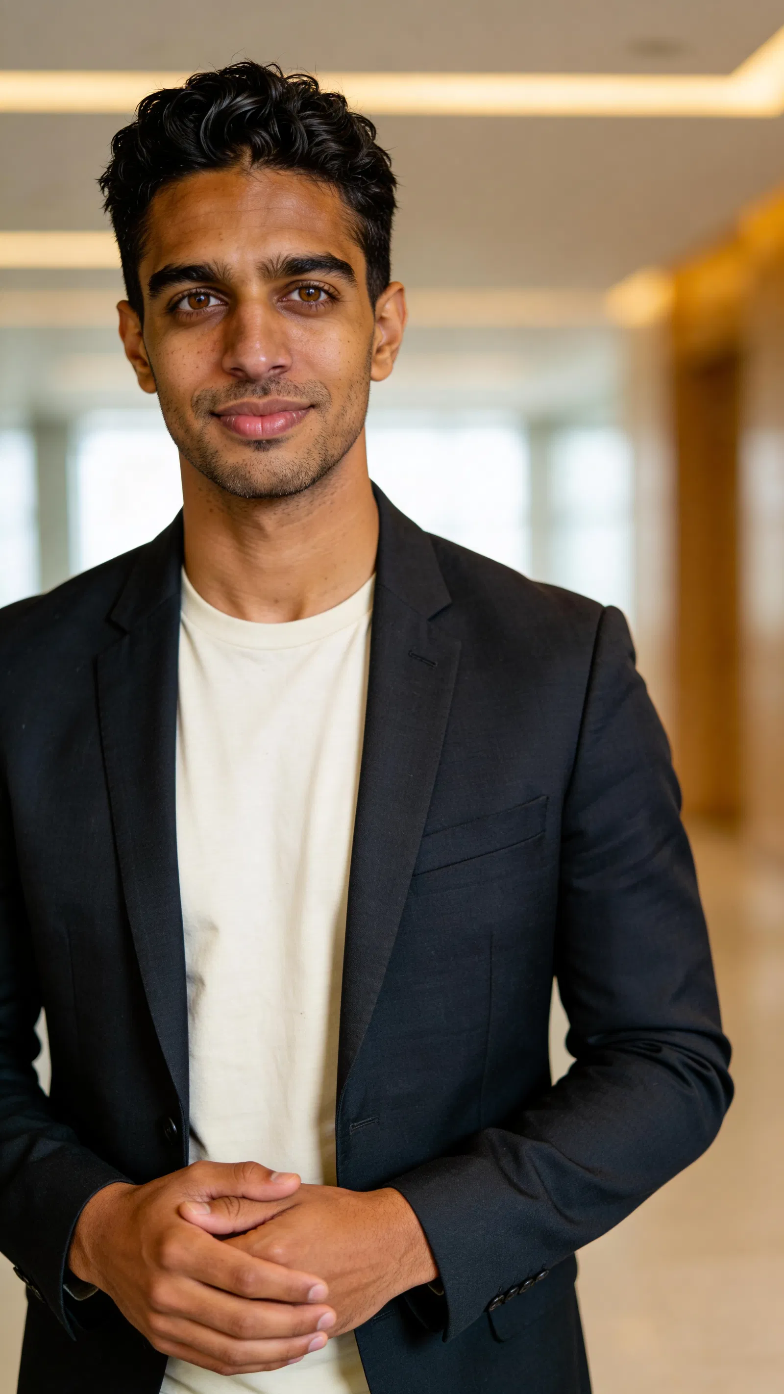 Same character in office lobby with clean professional CV photo style