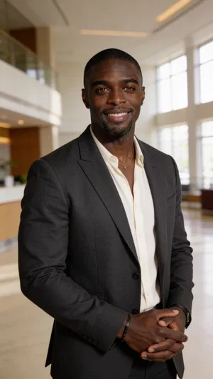 Same character in office lobby with clean professional CV photo style