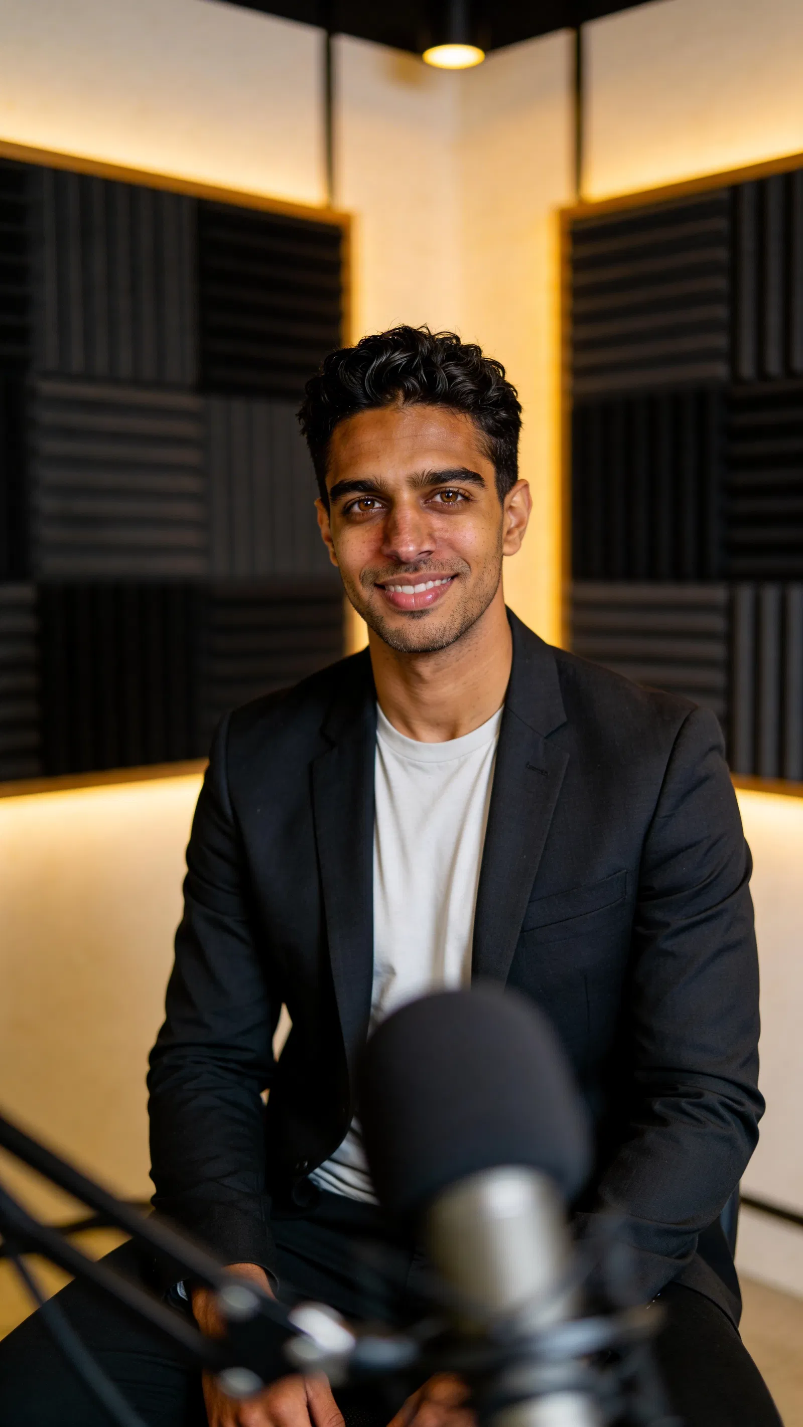 Same character in podcast room seated near microphone for branding photos