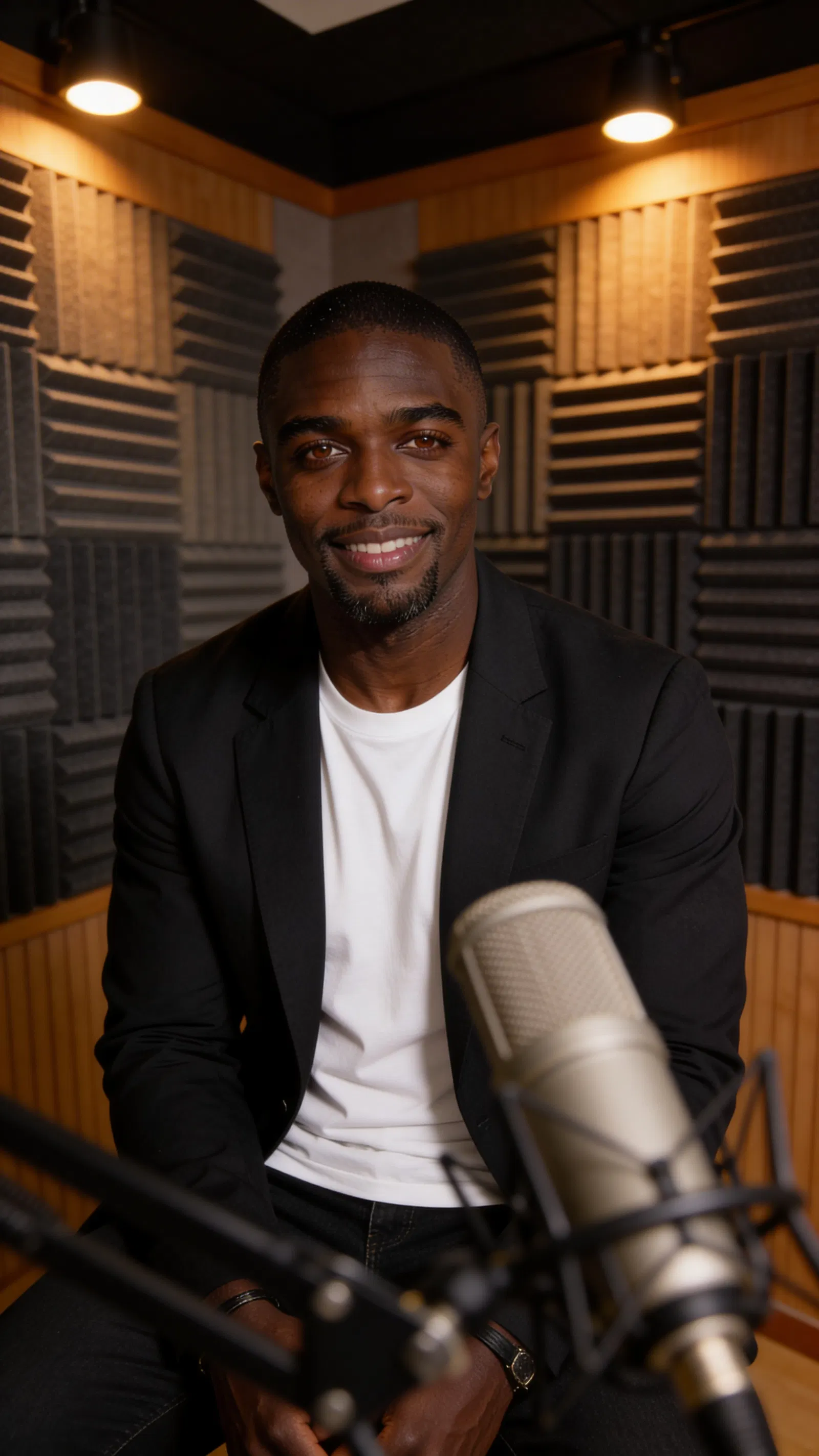 Same character in podcast room seated near microphone for branding photos