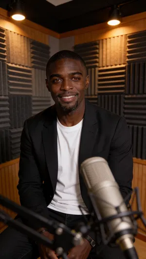 Same character in podcast room seated near microphone for branding photos