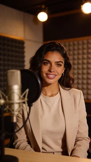 Same character in podcast room seated near microphone for branding photos
