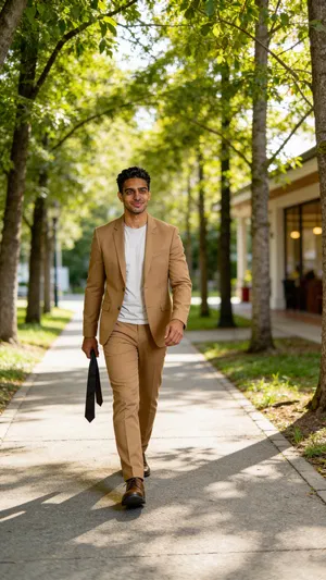 Same character in tan suit walking outdoors with candid wedding vibe