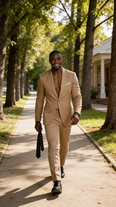 Same character in tan suit walking outdoors with candid wedding vibe