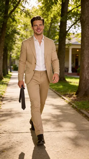 Same character in tan suit walking outdoors with candid wedding vibe