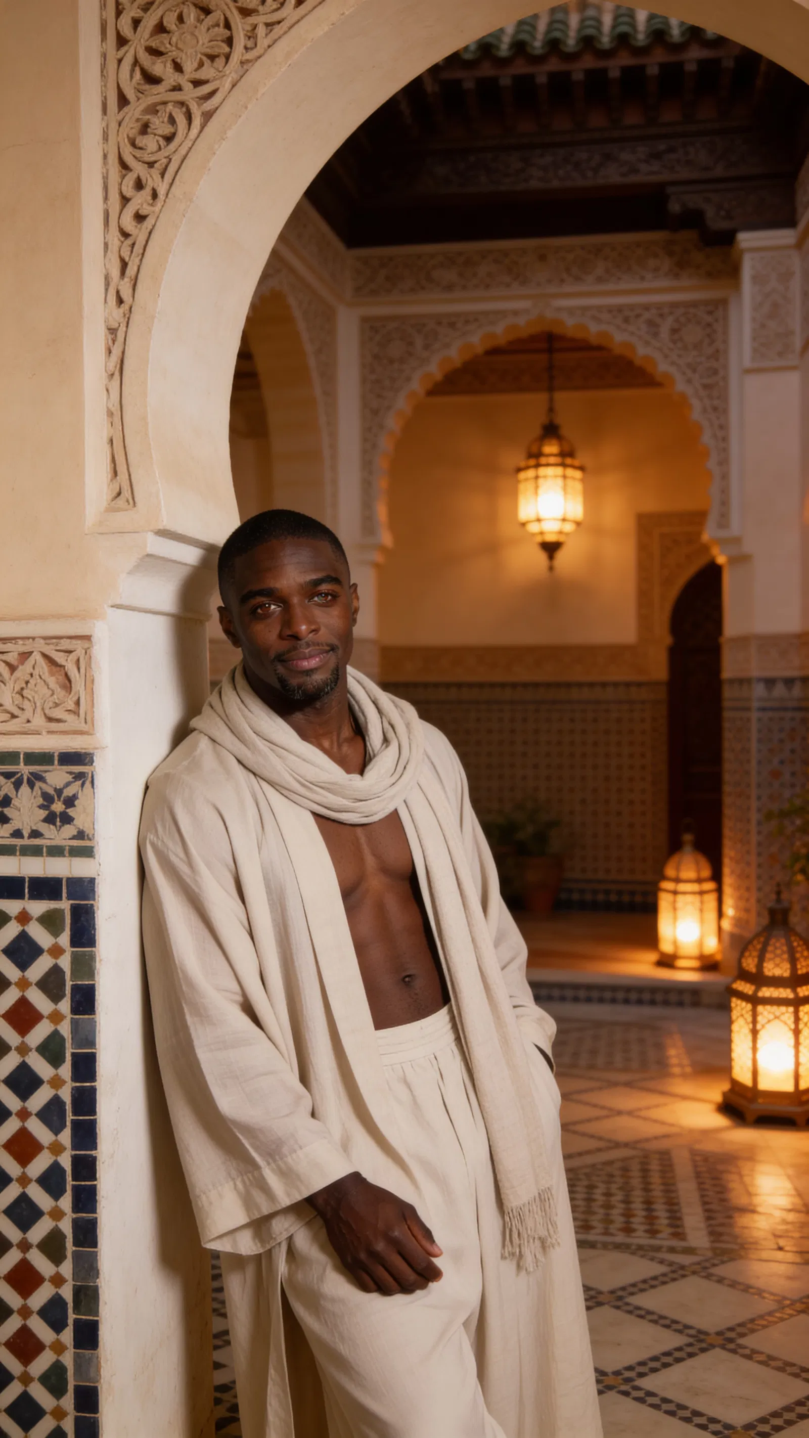 Same character in tiled courtyard with lantern glow, editorial travel portrait.