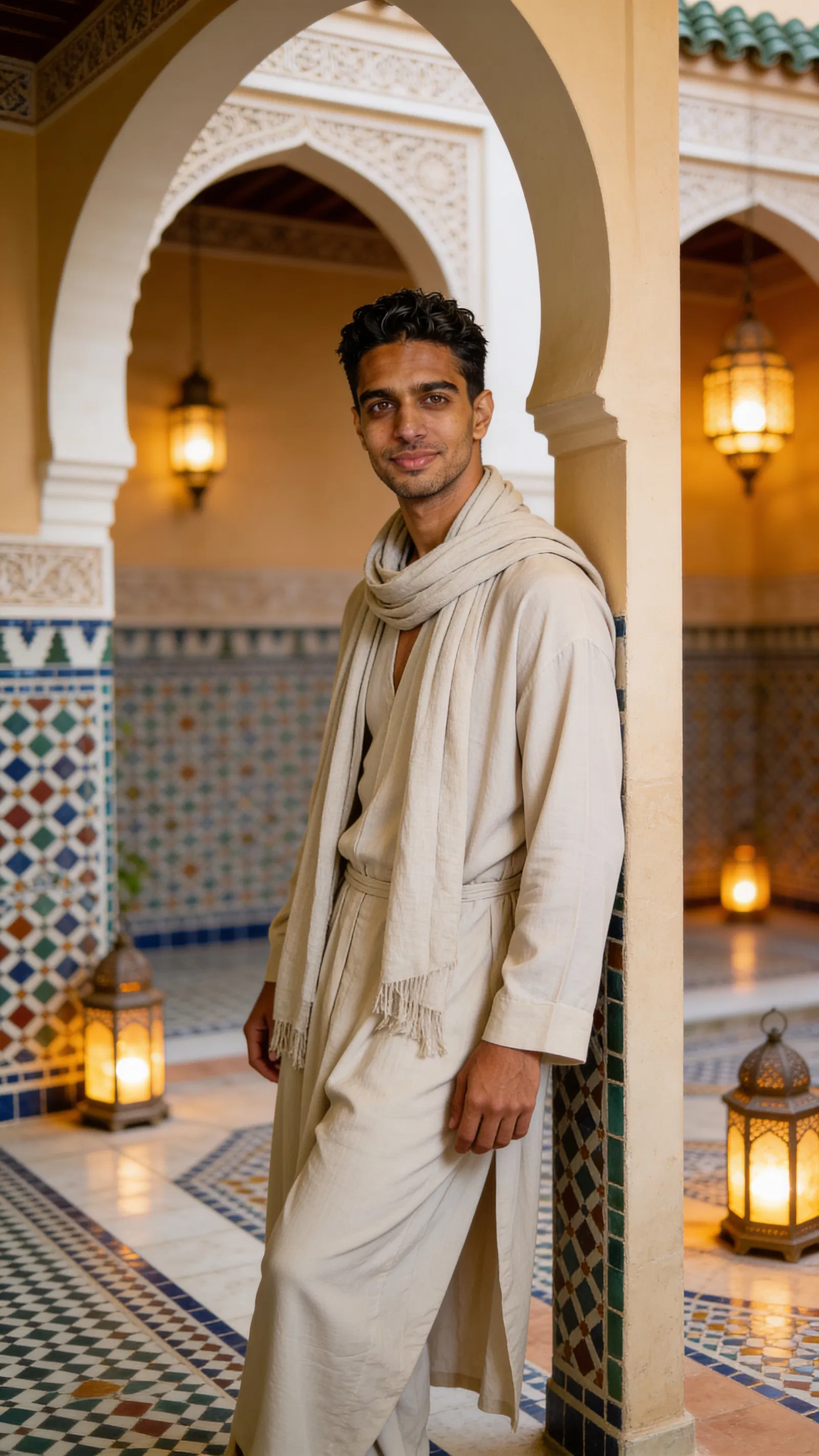 Same character in tiled courtyard with lantern glow, editorial travel portrait.