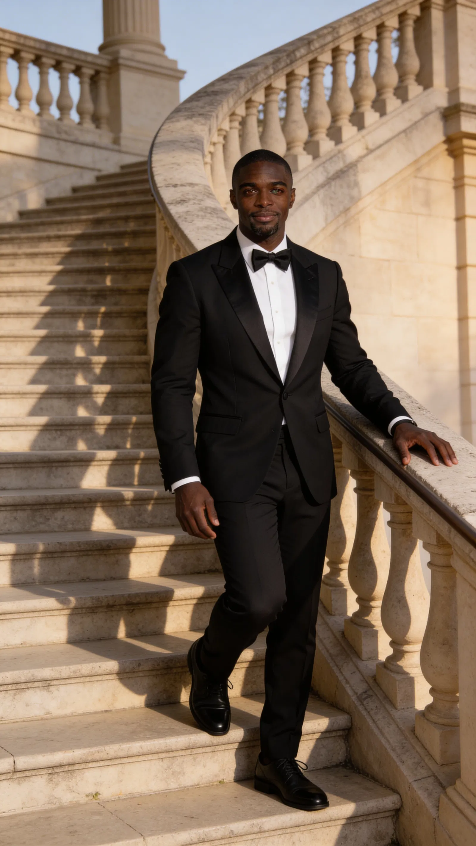 Same character in tux on venue staircase with classic pose