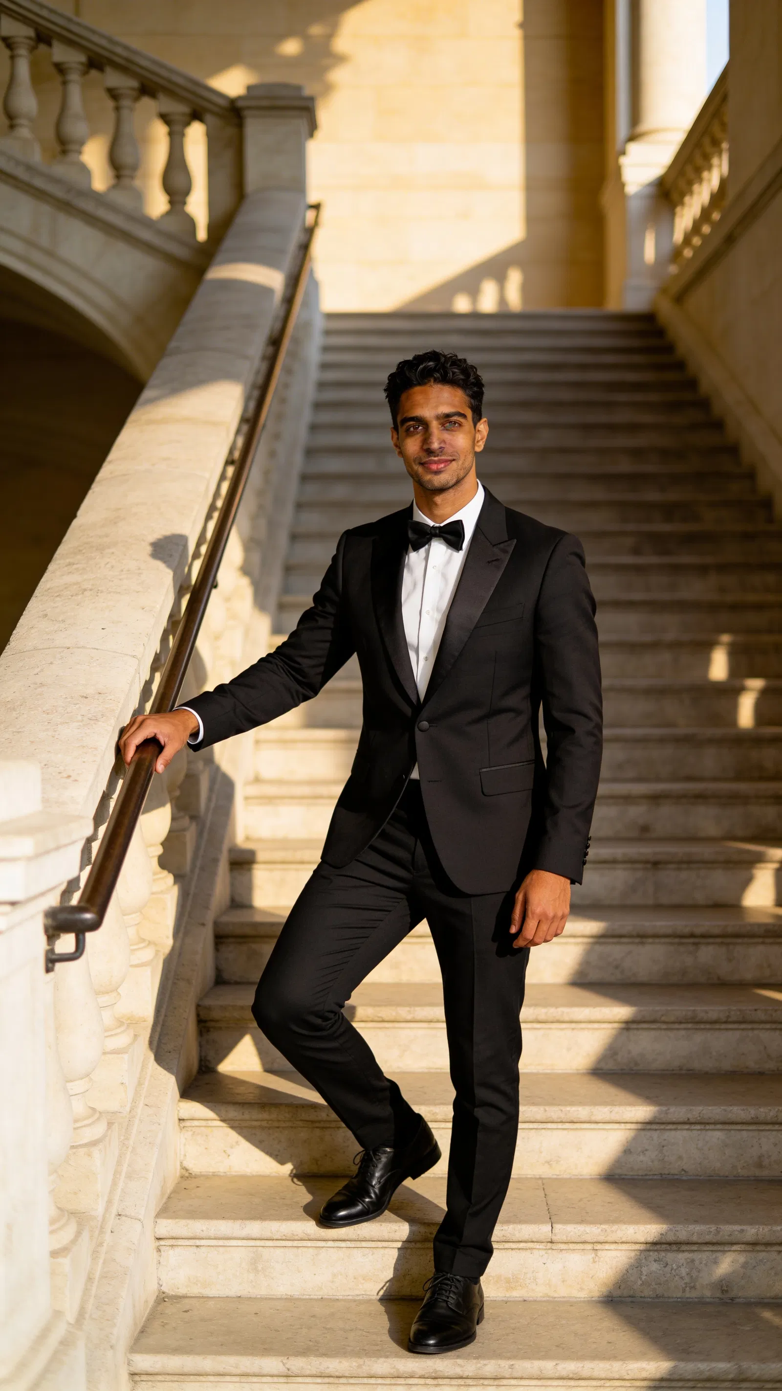 Same character in tux on venue staircase with classic pose