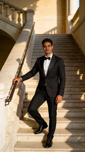 Same character in tux on venue staircase with classic pose