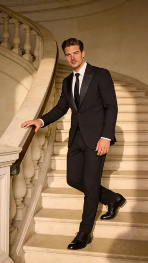 Same character in tux on venue staircase with classic pose