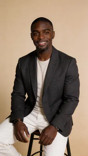 Same character in warm studio, half-body professional AI headshot