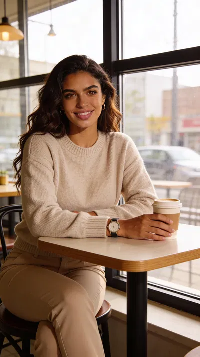 Same character in window-lit coffee shop, relaxed smiling dating profile shot