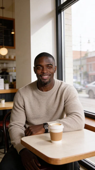 Same character in window-lit coffee shop, relaxed smiling dating profile shot