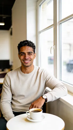 Same character in window-lit coffee shop, relaxed smiling dating profile shot