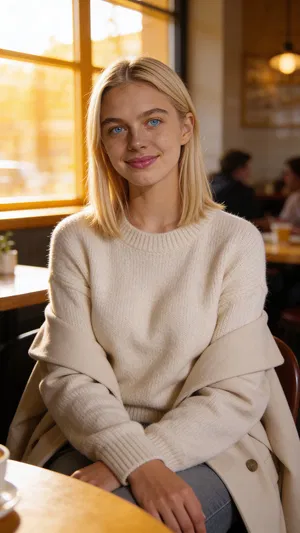 Same character lifestyle half-body portrait in café window light