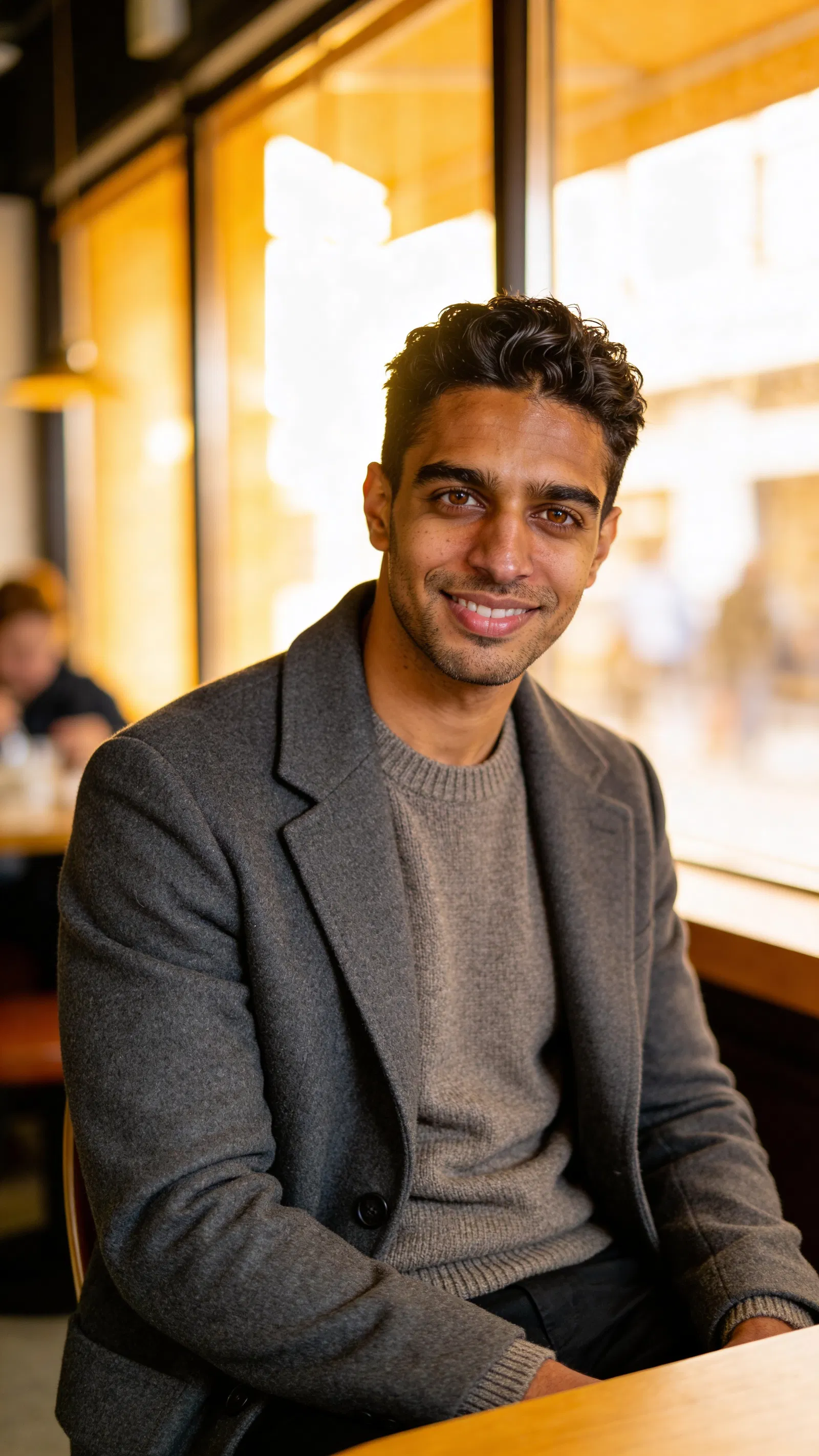 Same character lifestyle half-body portrait in café window light