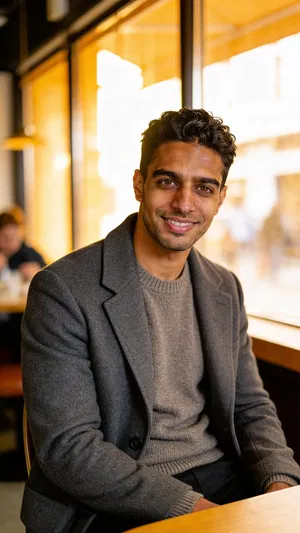 Same character lifestyle half-body portrait in café window light