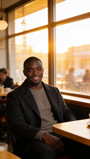 Same character lifestyle half-body portrait in café window light