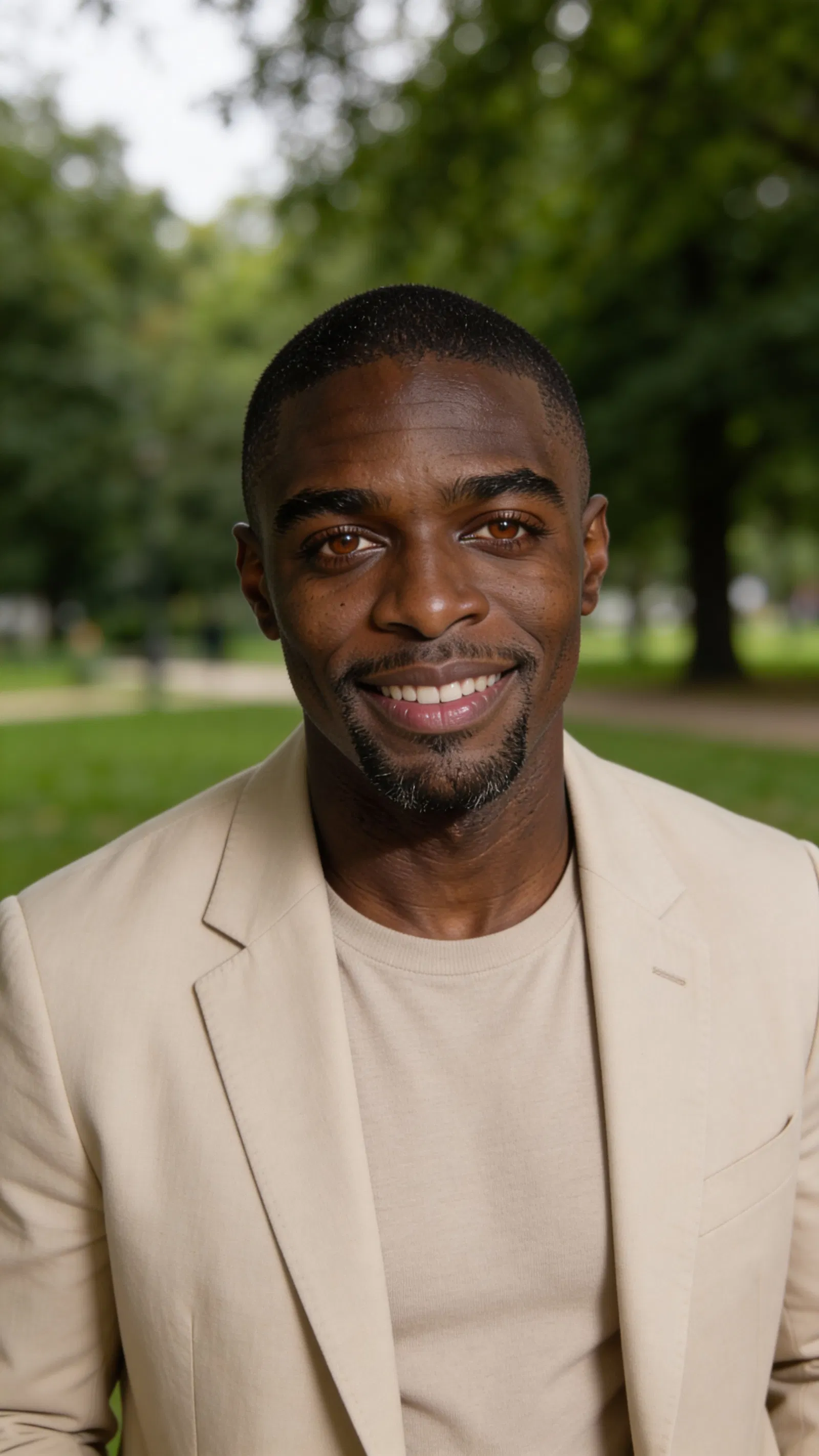 Same character natural outdoor headshot with greenery bokeh and soft light