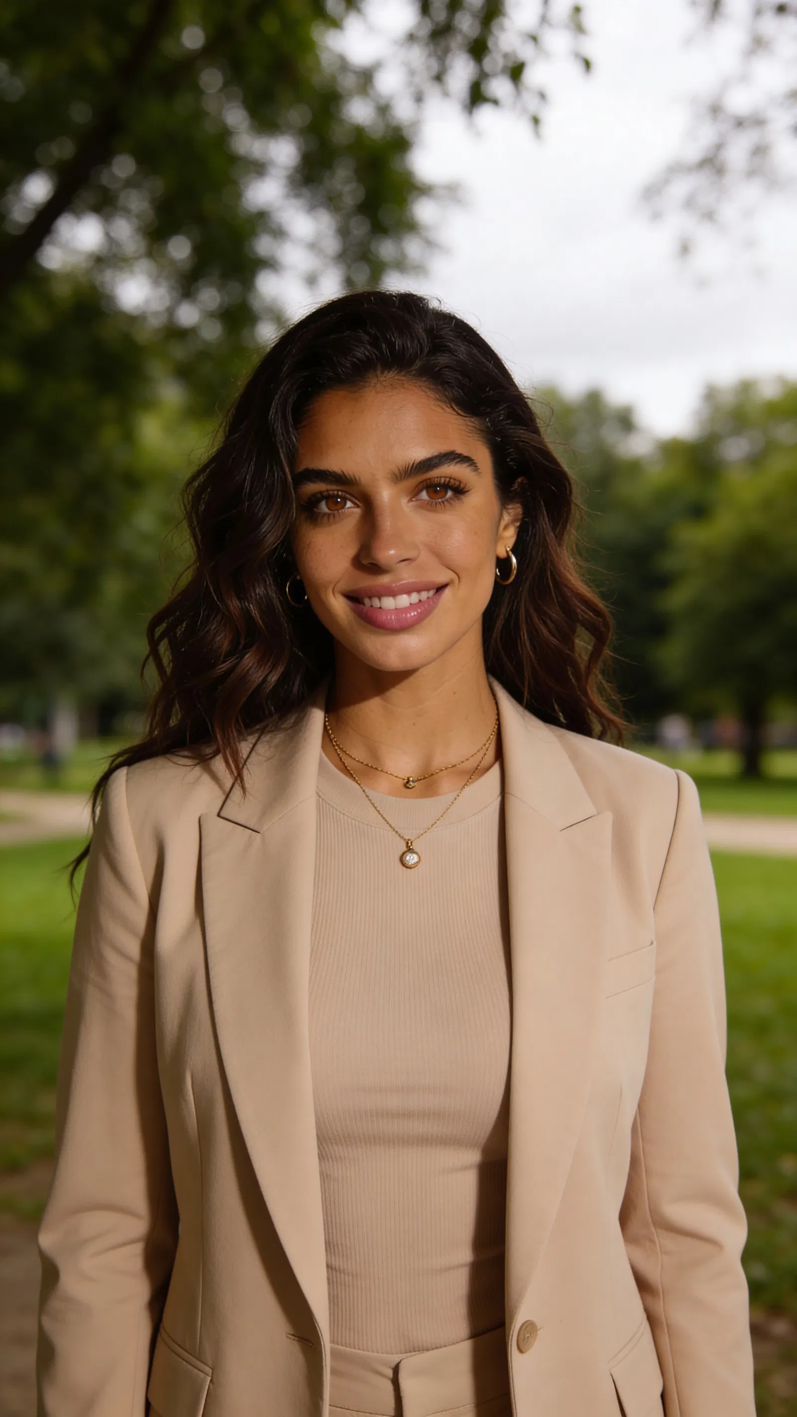 Same character natural outdoor headshot with greenery bokeh and soft light