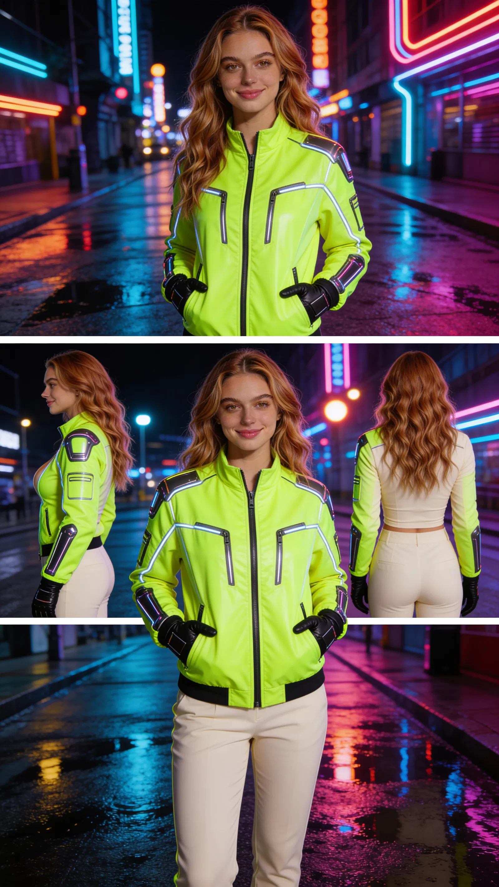 Same character neon cyber cosplay in nighttime street scene