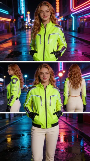 Same character neon cyber cosplay in nighttime street scene