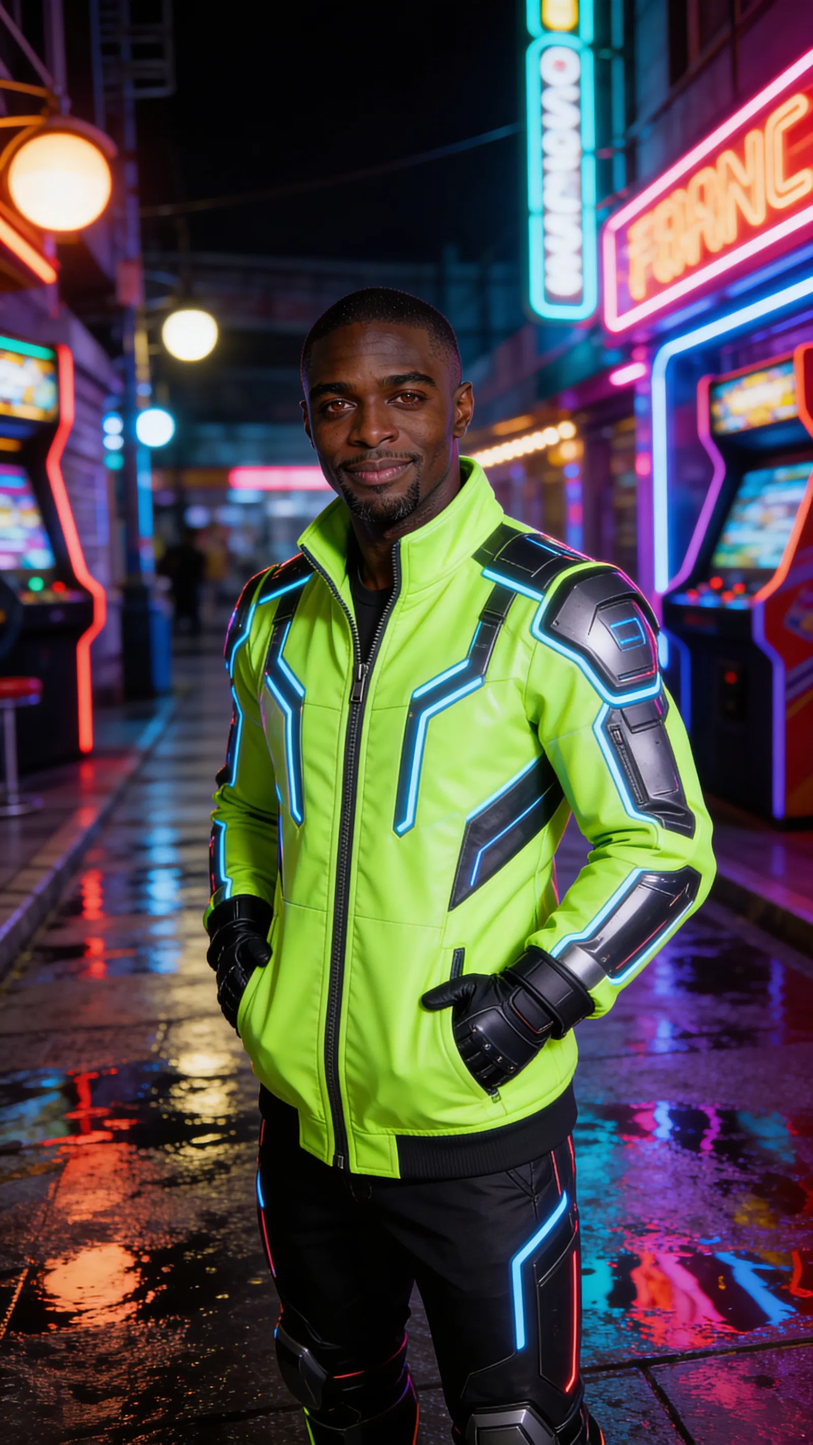 Same character neon cyber cosplay in nighttime street scene