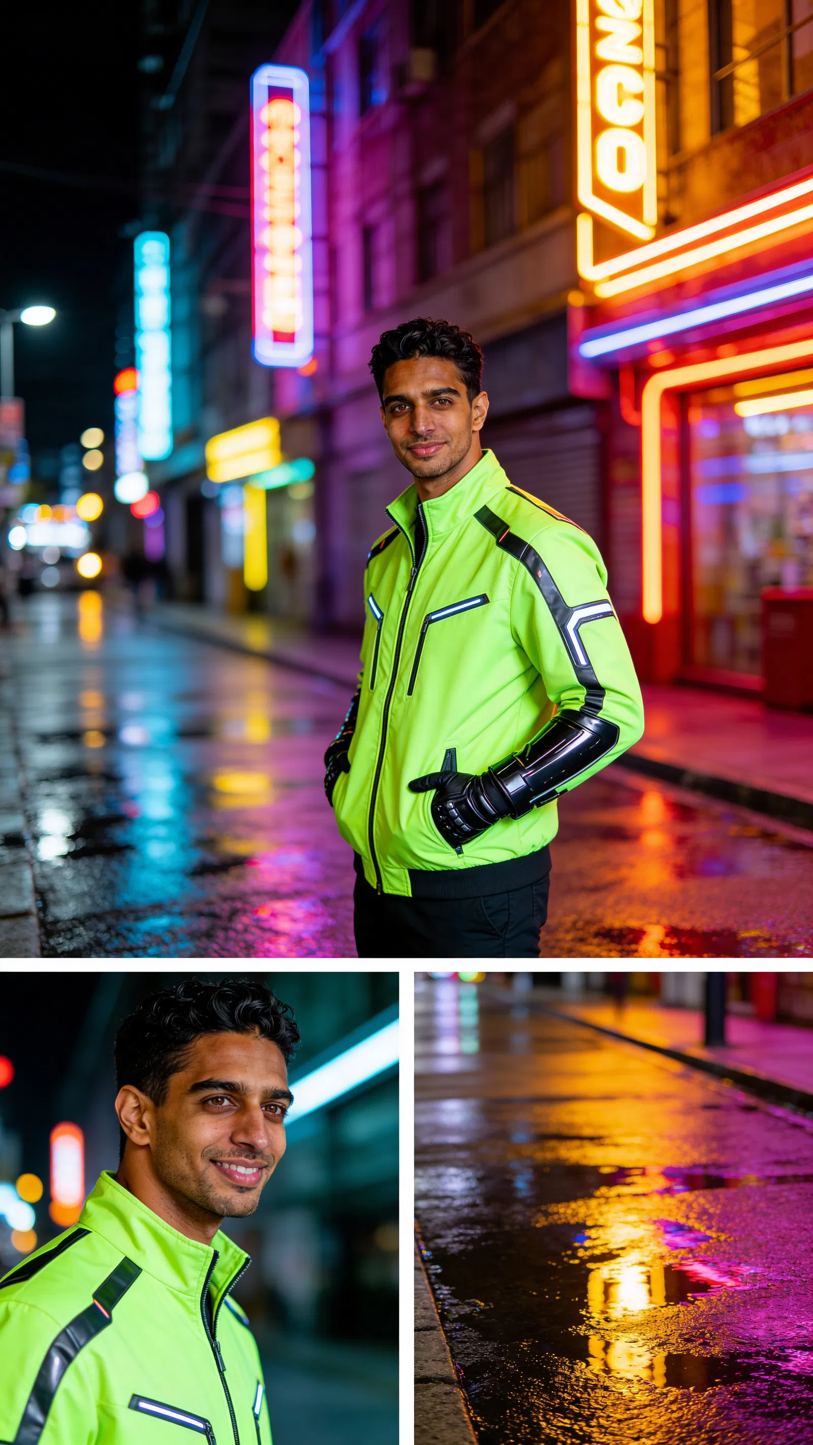 Same character neon cyber cosplay in nighttime street scene