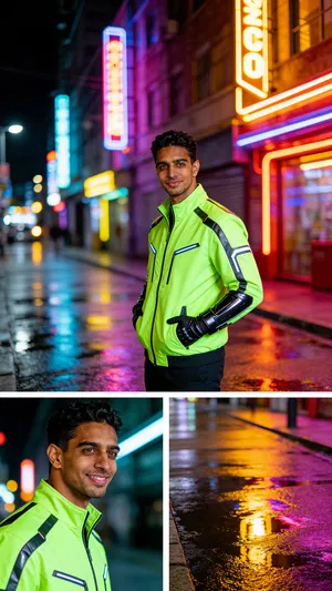 Same character neon cyber cosplay in nighttime street scene