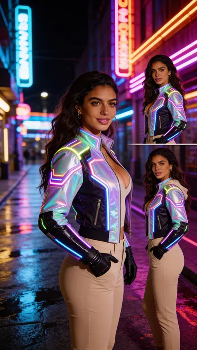 Same character neon cyber cosplay in nighttime street scene