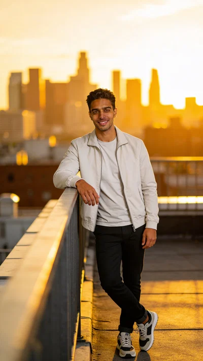 Same character on a rooftop at sunset for Instagram content photos