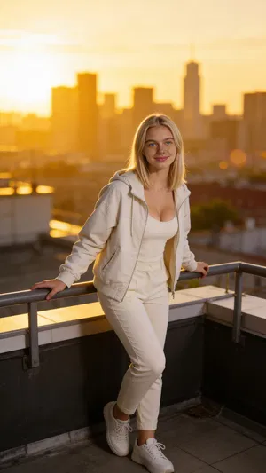 Same character on a rooftop at sunset for Instagram content photos