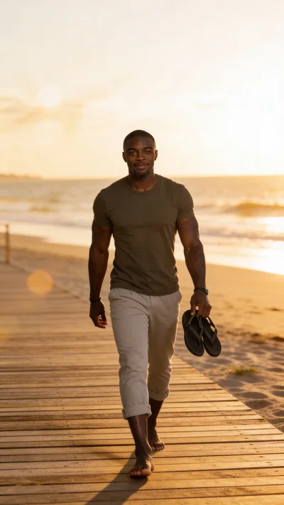 Same character on beach boardwalk at golden hour, relaxed candid travel lifestyle photo.