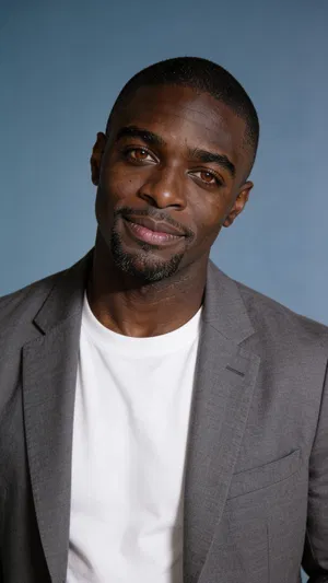 Same character on blue-gray backdrop with directional studio lighting and gray blazer