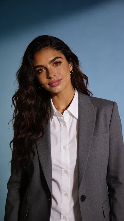 Same character on blue-gray backdrop with directional studio lighting and gray blazer
