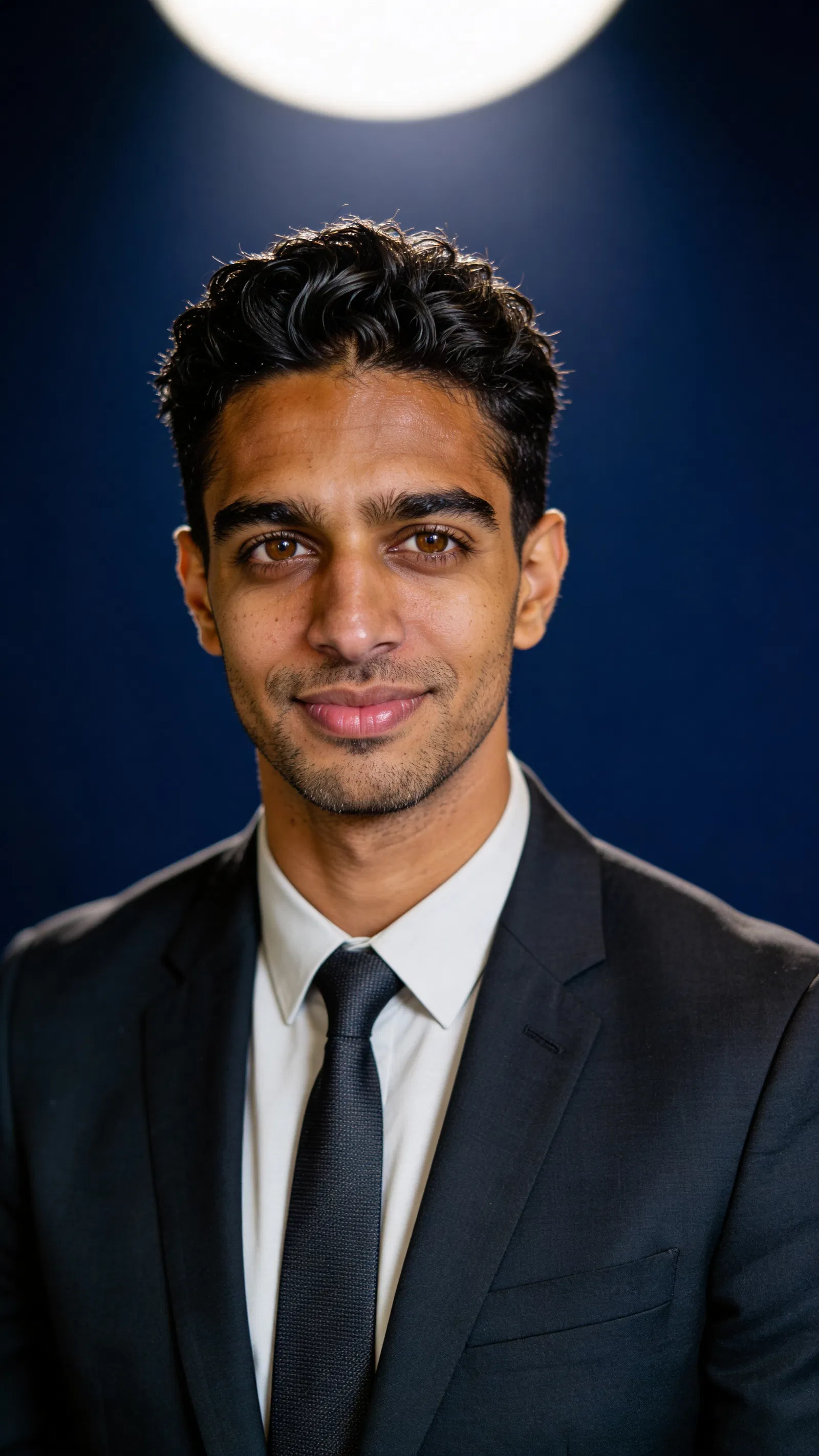 Same character on dark blue studio backdrop, executive headshot