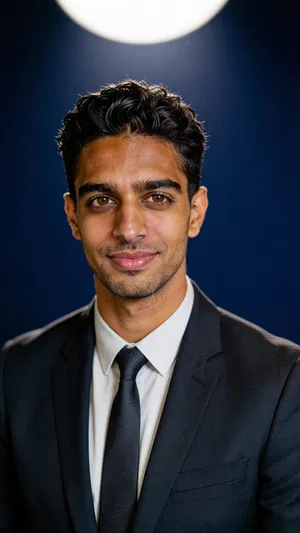 Same character on dark blue studio backdrop, executive headshot