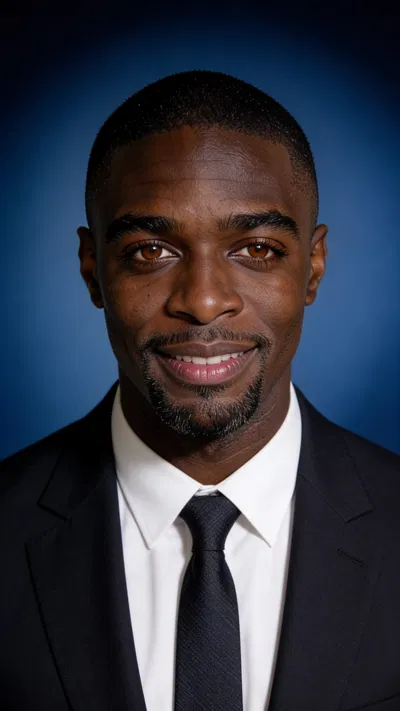 Same character on dark blue studio backdrop, executive headshot